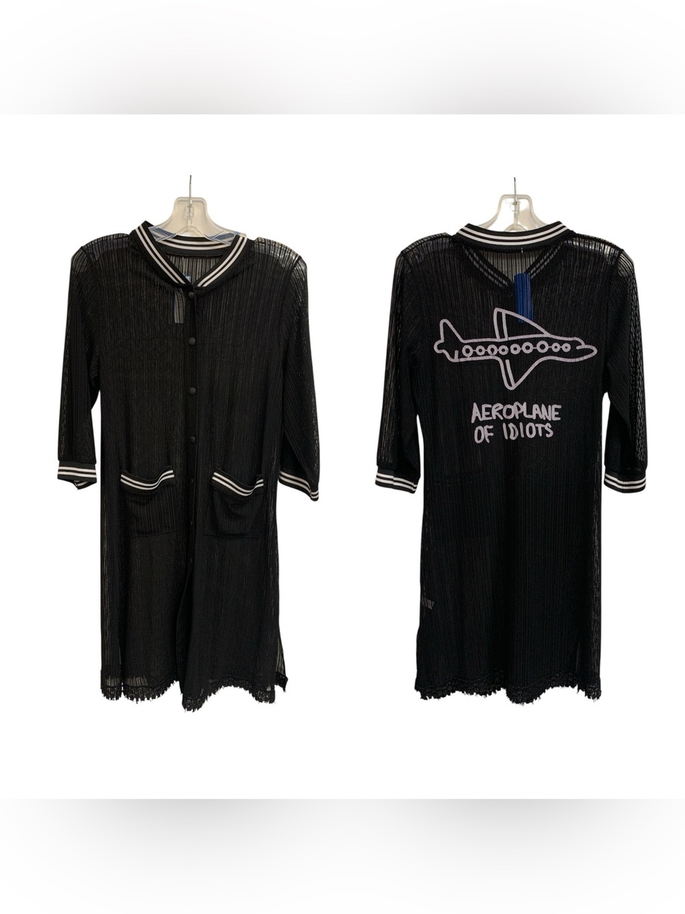 Aeroplane Sheer Black Button-Front Long Robe with Contrast Trim Size S